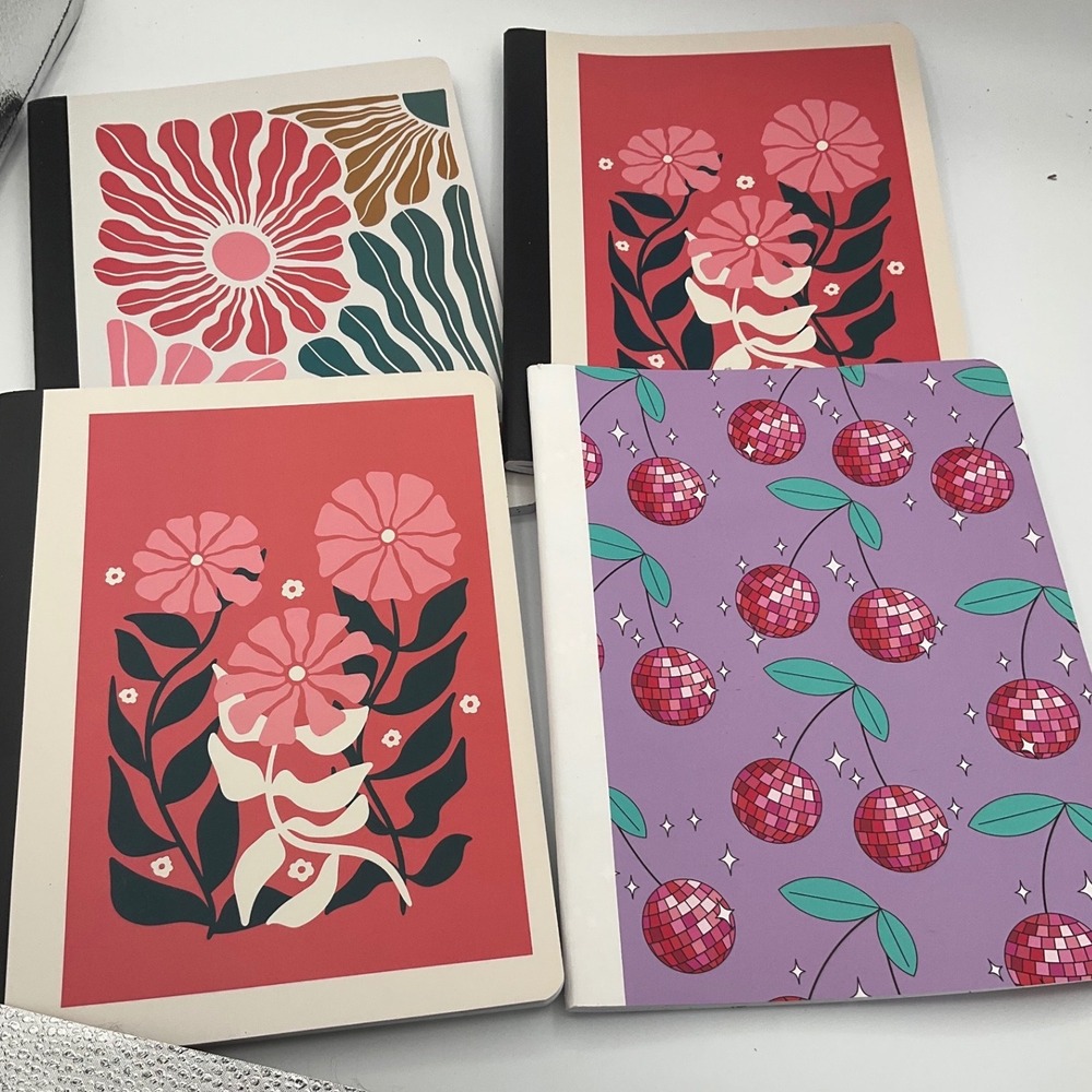 Top Flight Composition Book Set 4 Pack Floral Disco Cherry Wide Ruled 80 Sheets